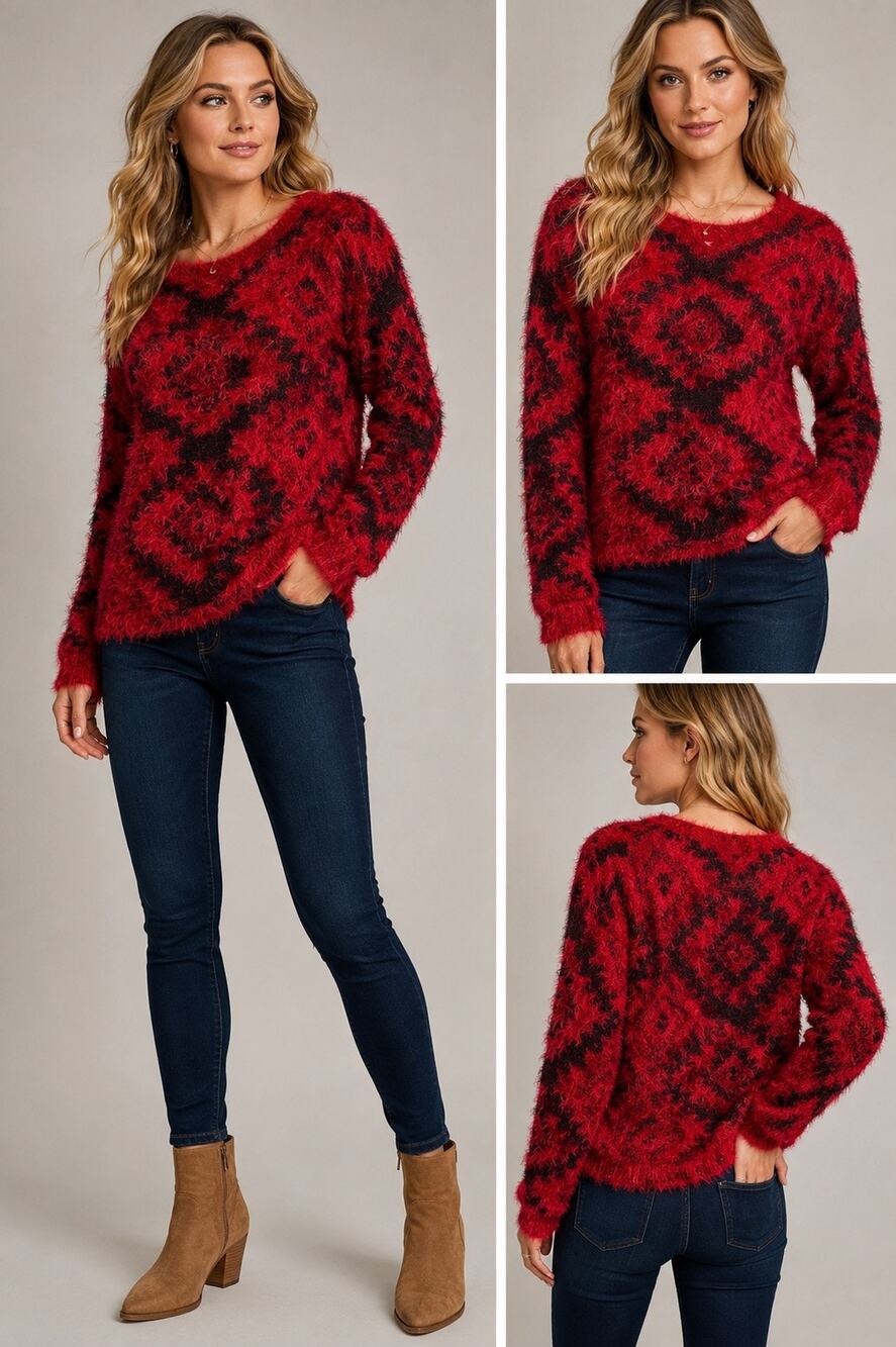 I by Buffalo Jeans Red & Black Geometric Eyelash Sweater | Size Medium